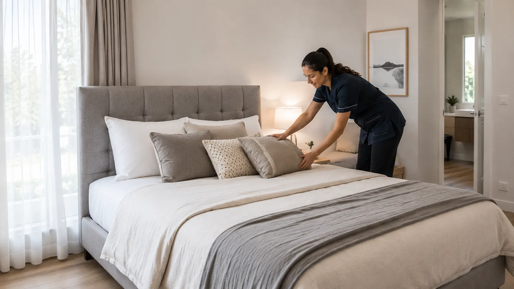Aide-ménagère préparant une chambre