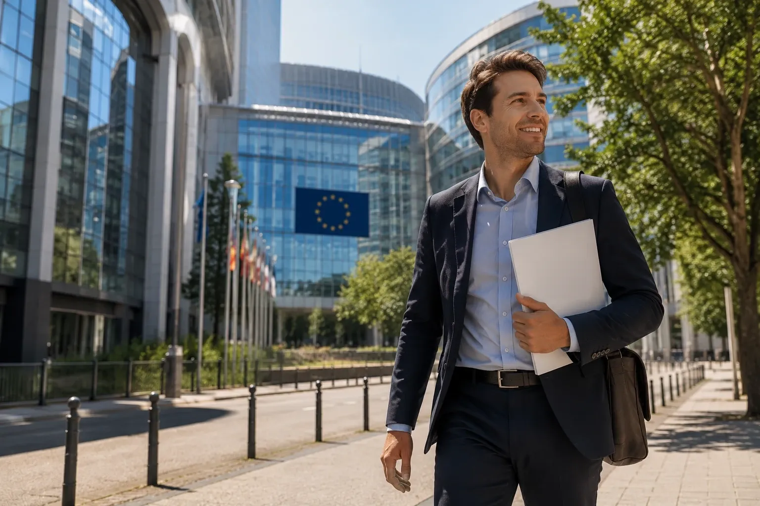 Expatriate in front of a European institution building in Brussels