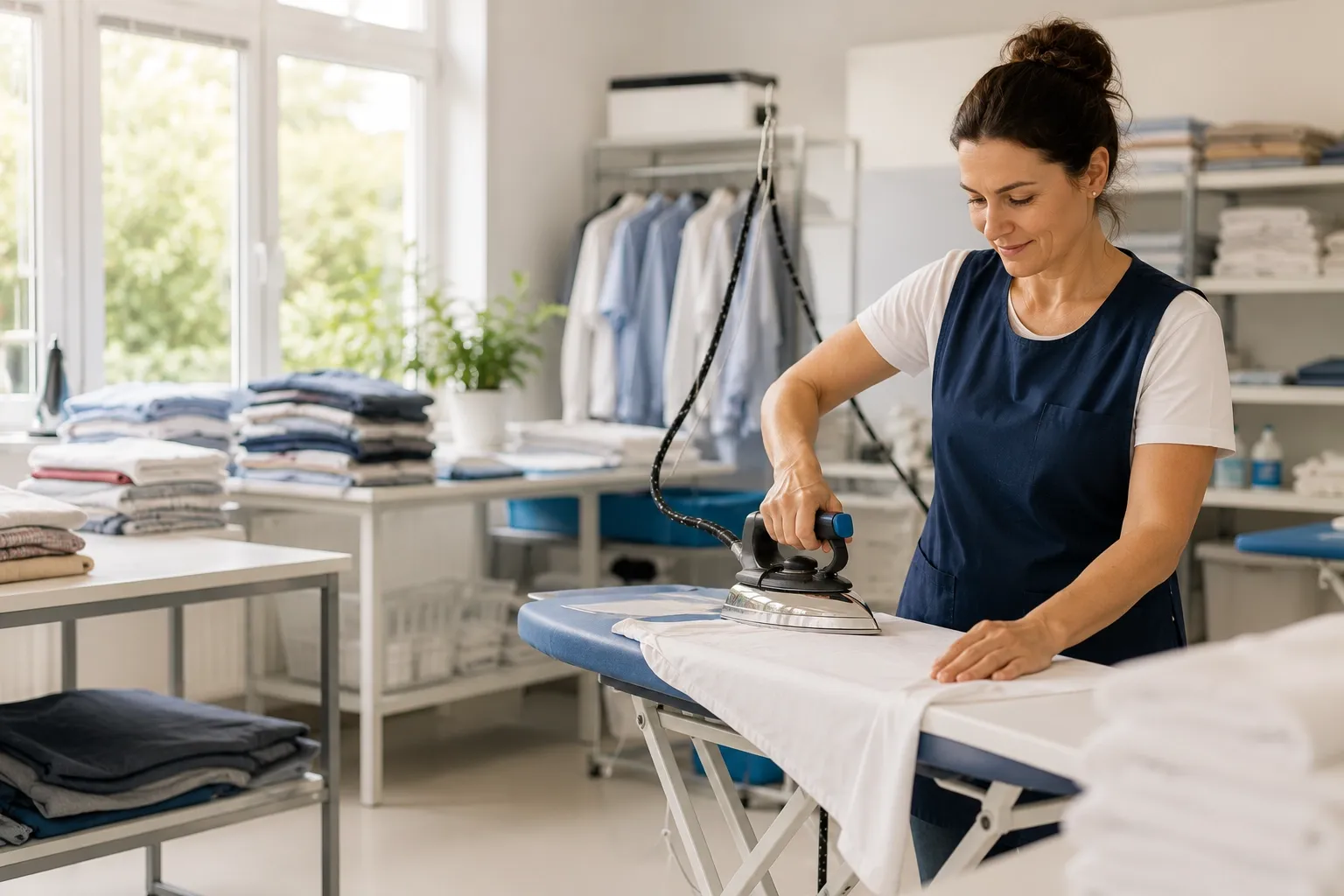 Repasseuse dans l'un des ateliers de repassage TS-BXL